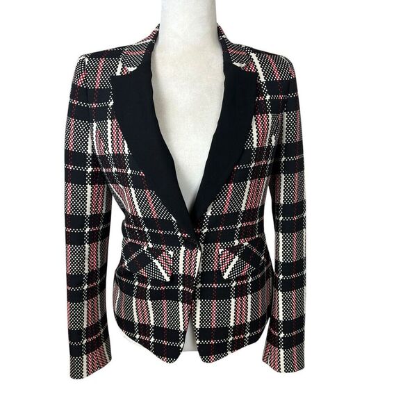 1.State Blazer Womens Size 4 Black Red Digital Plaid Fitted Preppy Vintage Y2K‎ - Picture 2 of 14